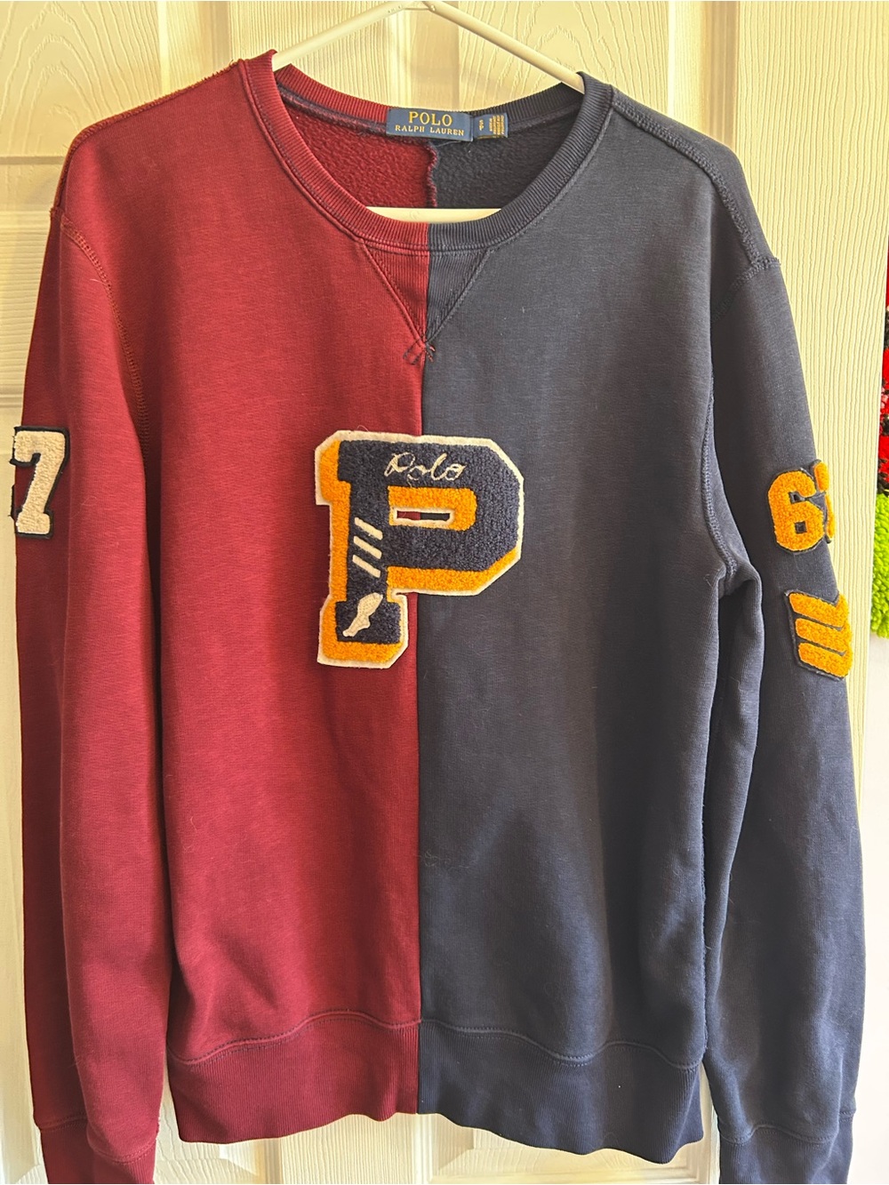 Ralph Lauren Split Crewneck Sweatshirt — Burgundy & Navy with Varsity P Patch